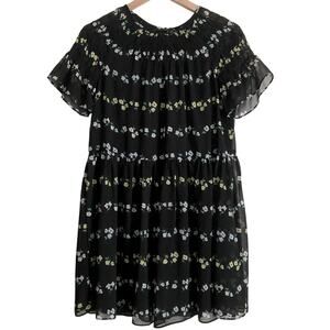 Ann Taylor Black Floral Short Bell Sleeves Lightweight Flowy Mini Swing Dress
